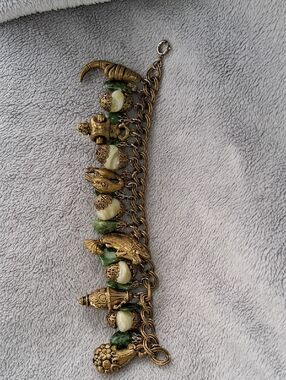 Gold-Tone Bracelet with Green and Cream Beads - Women's Charm Bracelet